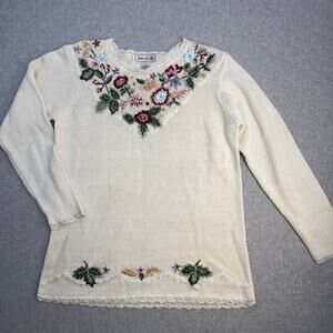 Spice of Life Sweater Womens Cream S Floral Embroidered Knit Vintage Grandmacore